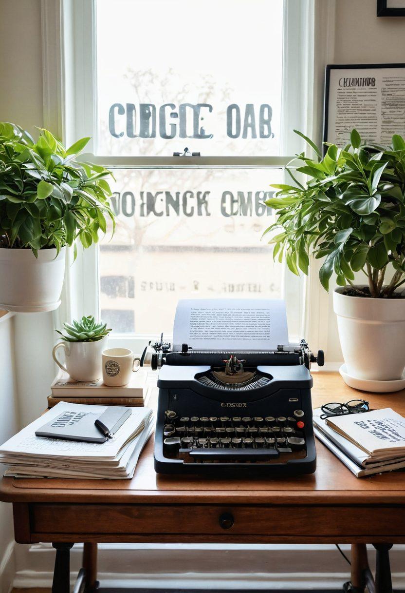 A creative workspace featuring a vintage typewriter, scattered notebooks filled with notes, and a laptop displaying a vibrant blog homepage. Warm sunlight filtering through a window onto an inspiring wall of magazine clippings and motivational quotes. A cozy coffee mug sits beside the typewriter, and a beautiful plant adds a touch of life. Whimsical style with soft colors and intricate details. super-realistic. cozy atmosphere.