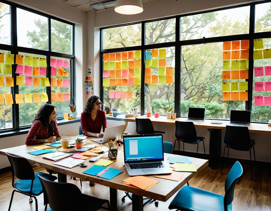 A vibrant workspace filled with a diverse group of individuals collaboratively brainstorming ideas around a large table. Colorful sticky notes, laptops, and coffee cups scattered around, representing creativity and engagement. A large window showing a bright sunny day outside, symbolizing inspiration. Include elements like a whiteboard filled with content strategies and growth charts. super-realistic. vibrant colors. bright background.