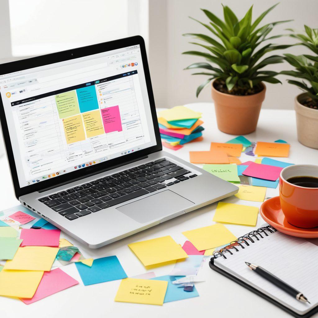 A visually engaging and organized workspace featuring a laptop with a blog interface open, surrounded by colorful sticky notes for SEO strategies and layout designs. Include a coffee mug, a notepad with handwritten tips, and a potted plant for a refreshing ambiance. The background should hint at digital marketing concepts like graphs or web analytics. super-realistic. vibrant colors. white background.